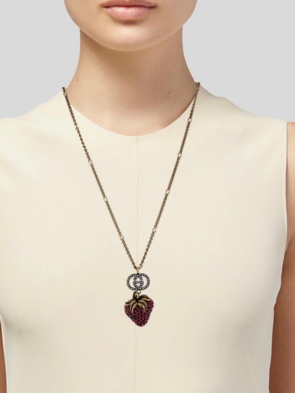 Fashion Jewelry Gold-Tone Strawberry Pendant Necklace with Pink-Red Crystals